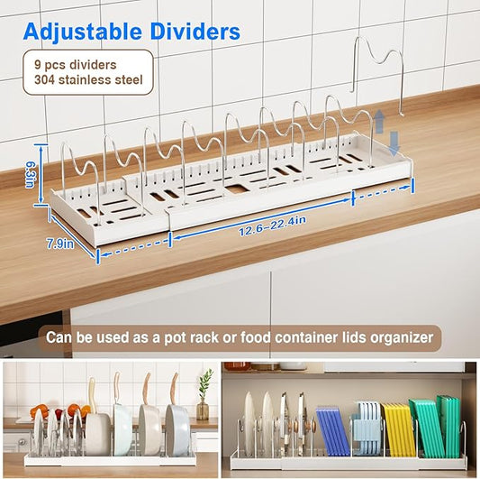 Mustorn 2 Pack Pots and Pans Organizer Under Cabinet, 22" Expandable Food Storage Container Lid Organizers with 9 Adjustable Dividers Pot and Pan Lid Holders Rack Inside Cabinet/Countertop(White)