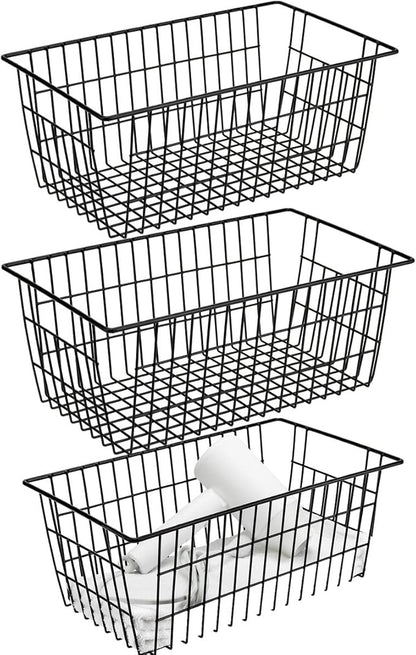Wire Storage Basket Organizer Bins Farmhouse Metal Basket Pantry Large Organizing Storage Bin Baskets for Kitchen Cabinets, Pantry, Freezer, Bathroom,Closets-Set of 3-Black