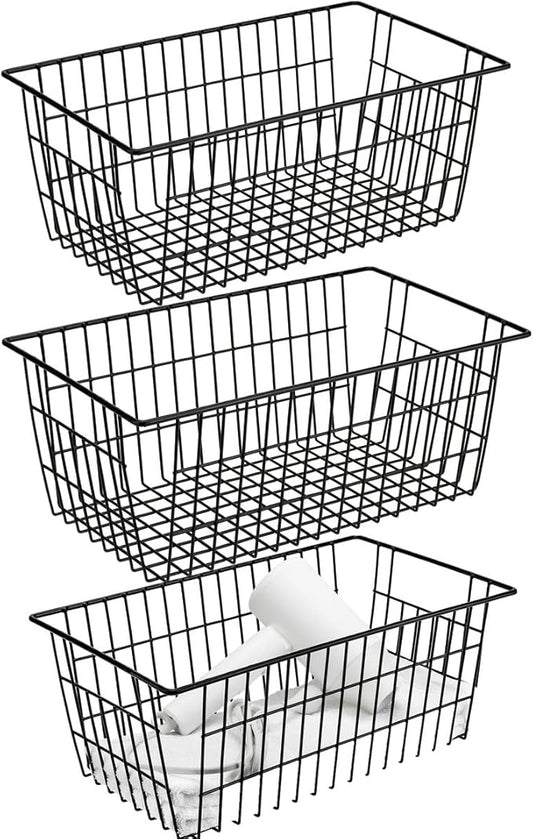 Wire Storage Basket Organizer Bins Farmhouse Metal Basket Pantry Large Organizing Storage Bin Baskets for Kitchen Cabinets, Pantry, Freezer, Bathroom,Closets-Set of 3-Black
