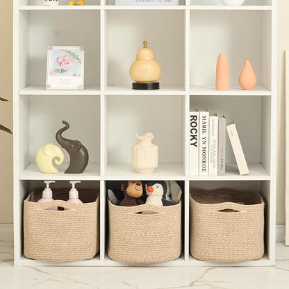 Large Storage Baskets for Organizing Shelves, Woven Cotton Rope Bins for Baby Nursery Organization, Book Toy Towel Organizer, 17"x13"x9.5", 3 Packs, Brown
