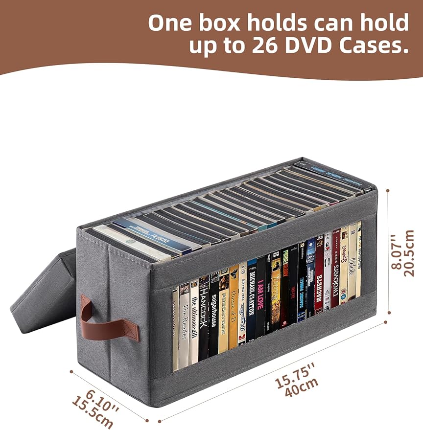 4 Pack DVD Storage Box with Visible Window, Dustproof CD/DVD Case Holder Organizer Rack Can Hold Up to 104 DVD, Blu-ray & CD Storage, Stackable and Lid Design-Grey