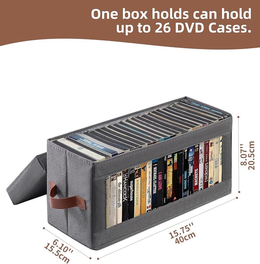 4 Pack DVD Storage Box with Visible Window, Dustproof CD/DVD Case Holder Organizer Rack Can Hold Up to 104 DVD, Blu-ray & CD Storage, Stackable and Lid Design-Grey