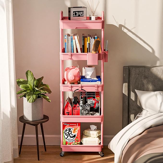 Sorgion 5 Tier Rolling Cart Organizer,Bathroom Cart Organizers with Wheels Laundry Room Organization Mobile Shelving Unit Utility Cart Storage Shelves Multi-Functional for Office, Home(Pink)