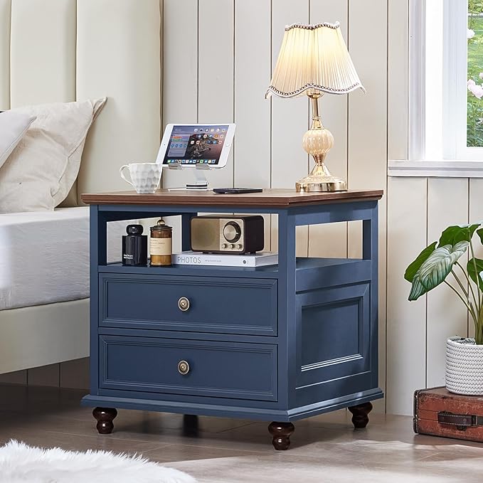 Joaxswe 24" Wide Farmhouse Night Stand,Large End Table with 2 Drawers & Metal Handle,Wood Dresser for Bedroom, Blue Bed Side Table Chest of Drawers Cabinet,Nightstand for Living Room,Closet