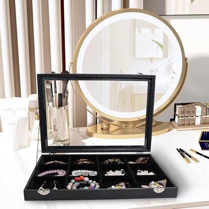 Wudygirl Jewelry Tray 12 Grid Jewelry Organizer with Clear Lid Bracelet Holder Organizer Display Case Removable, Black Velvet (12 Grid)