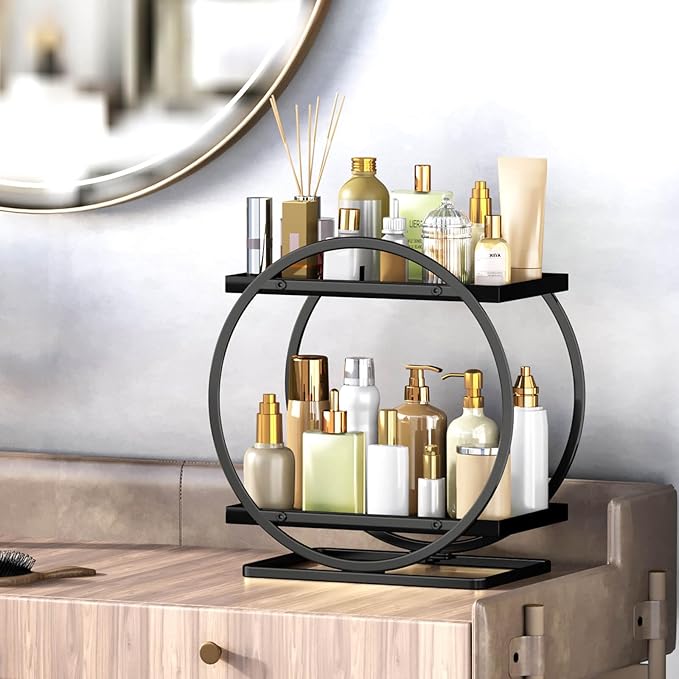 YIWANFW Bathroom Counter Organizer, Black Perfume Organizer for Dresser, 2 Tier Bathroom Organizer Countertop, Vanity Makeup Organizers, Skincare Display Tray for Bathroom Sink Storage