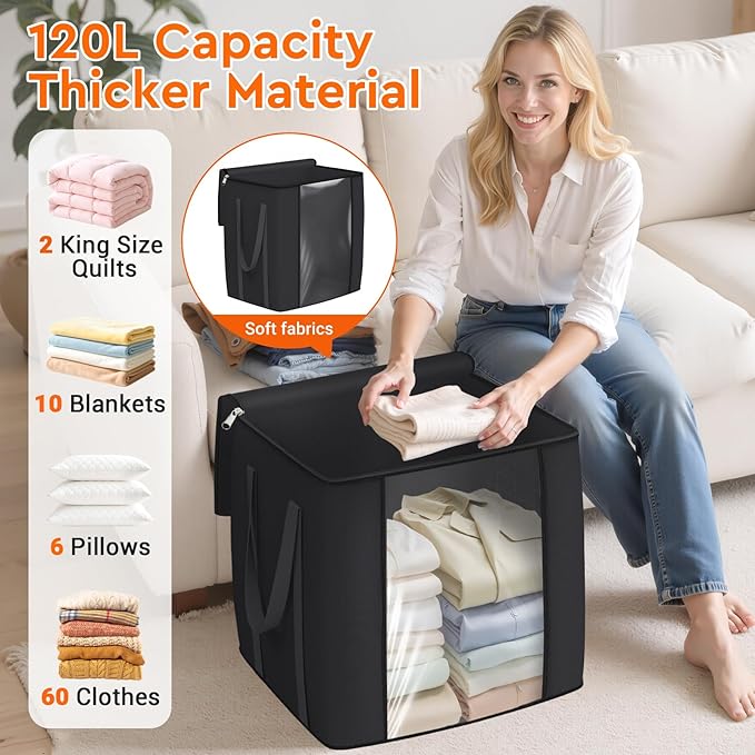 TasticTotes 120L Extra Large Clothes Storage Bags, Foldable Blanket Storage and Organization, Thick Fabric Containers with Reinforced Handles & Zippers for Clothing, Comforters, Bedding, Black, 6 Pack