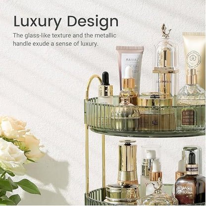 Satpurush 360° Rotating Makeup Organizer, 3 Tier Spinning Cosmetic Organizer for Vanity & Bathroom Countertop, Holds Tall Skincare Bottles, Perfume & Beauty Accessories – Clear Green