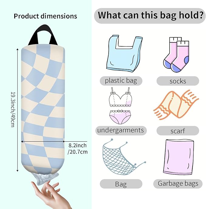 Plastic Bag Holder, Wall Mount Grocery Bag Organizer, Funny Hanging Trash Bag Storage Dispenser for Home Kitchen Cute Blue Checkerboard