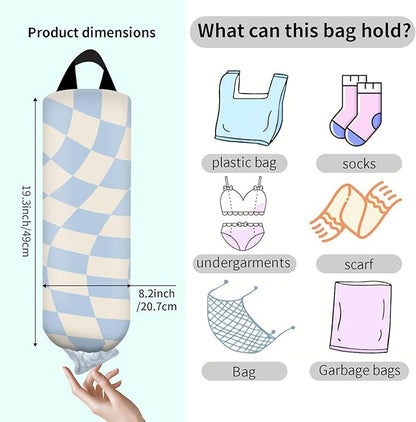 Plastic Bag Holder, Wall Mount Grocery Bag Organizer, Funny Hanging Trash Bag Storage Dispenser for Home Kitchen Cute Blue Checkerboard