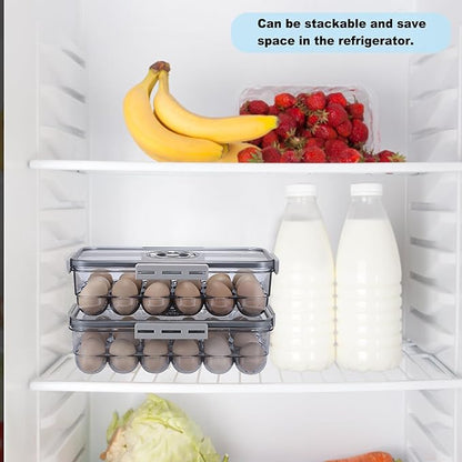 BSTKEY Egg Holder for Refrigerator, Egg Container with Time Scale, Egg Holder with Lid for Kitchen Storage, Stackable Tray for 18 Eggs