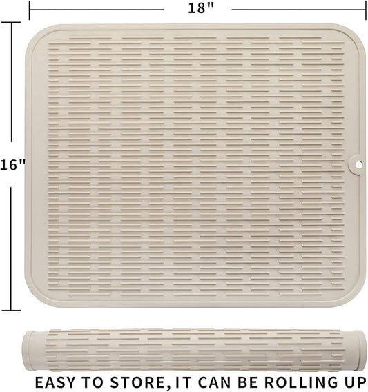 Silicone Dish Drying Mat for Multiple Usage,Easy clean,Eco-friendly,Heat-resistant Silicone Mat for Kitchen Counter or Sink,Refrigerator or Drawer Liner Tapioca XL 18 inches x 16 inches