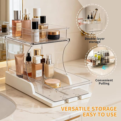 Jsyrjing Pull Out 2 Tier Organizer for Kitchen Bathroom and Cabinet Storage Rotating Pantry Rack Under Sink Organizer Clear and Durable Design 1 Pack