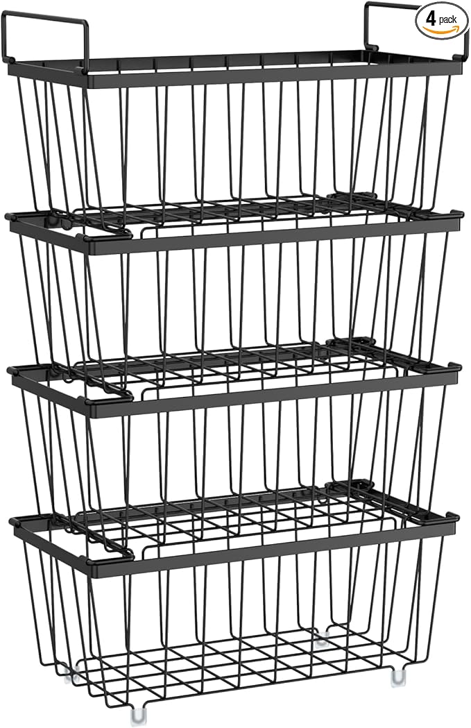 iSPECLE Freezer Organizer Bins - 4 Pack Small Stackable Freezer Baskets for 7 Cu.ft Deep Freezer, Easy Access Food No More Digging, Sturdy Metal Wire Basket Not Scratch Bottom, Black