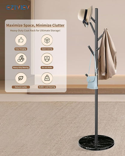 Modern Coat Rack Stand, Metal Freestanding Coat Rack with Natural Marble Base, Black Coat Racks with 8 Hooks and Coat Hanger Tree Jacket Stand for Office, Entryway, Hallway