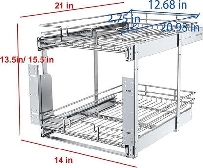 2 Tier Pull Out Cabinet Organizer, 14" W x 21" D Heavy-Duty Metal Sliding Drawer Shelf for Kitchen Cabinets, Chrome, Doesn't Include Door Fittings