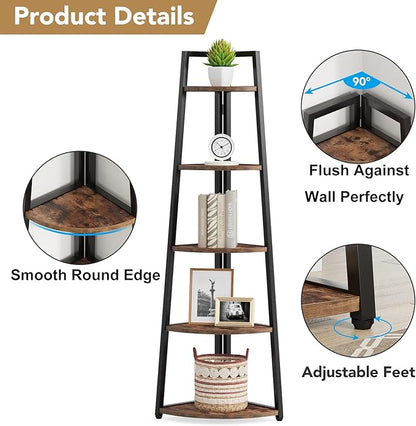 Tribesigns 5 Tier Corner Bookshelf and Bookcase, 70 inch Tall Corner Shelves Standing Shelving Unit Indoor Plant Stand for Living Room, Kitchen, Home Office (Brown)