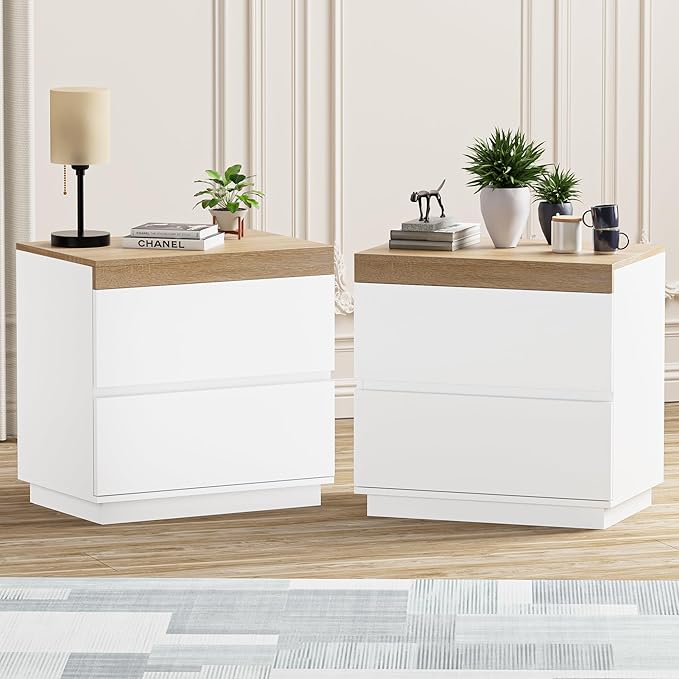 HOCAT Nightstand Set of 2 with Oak Top, 23.7" White Night Stand with 2 Drawers, Modern Bedside Table Wood End Table for Bedroom
