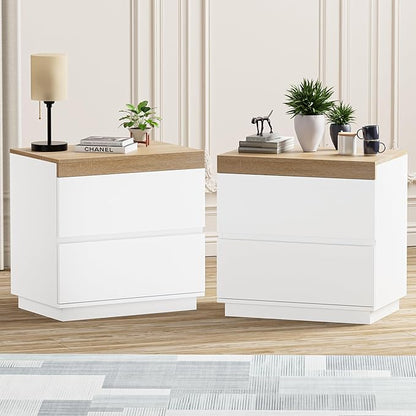 HOCAT Nightstand Set of 2 with Oak Top, 23.7" White Night Stand with 2 Drawers, Modern Bedside Table Wood End Table for Bedroom