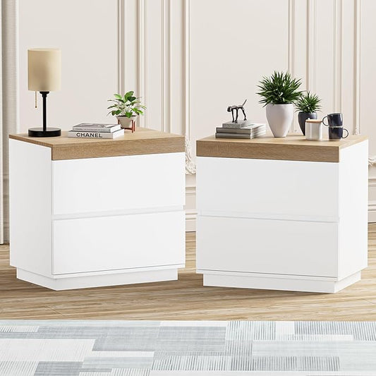 HOCAT Nightstand Set of 2 with Oak Top, 23.7" White Night Stand with 2 Drawers, Modern Bedside Table Wood End Table for Bedroom