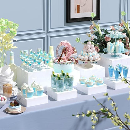 6PCS Buffet Risers, Food Risers for Buffet Table, Acrylic Boxes for Food, Display Stand for Party Catering Dessert Collectibles, Acrylic Cube Boxes with Hollow Bottoms, Food Stand Set, White (6"x7"x8")
