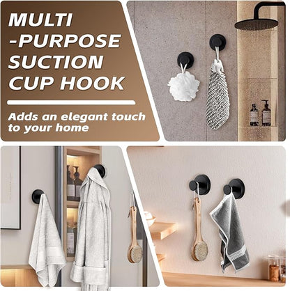 Supopular Reusable Heavy Duty Suction Cup Hooks for Kitchen/Bathroom/Shower - Wet-Proof Hooks for Towels, Robes, Loofah&Wreaths/No Drill Mounting on Glass, Tile, Metal (2, Matte Black)