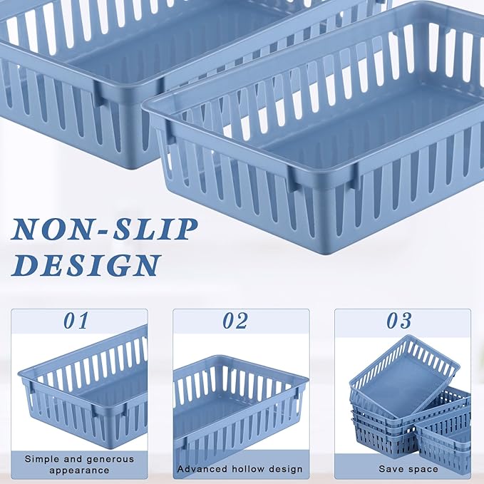 Wenqik Set of 12 Plastic Baskets for Organizing 10.24 x 6.5 x 2.36 Inch Rectangular Trays Plastic Organizer Bins Rectangle for Desk Organization(Haze Blue)