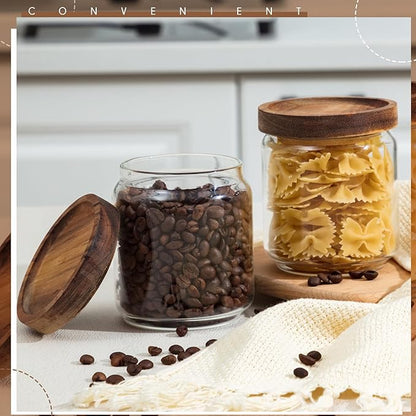 Irenare 8 Pack Glass Containers Canister Set, 17 oz Food Storage Spice Jars with Airtight Lids, Clear Kitchen Containers for Coffee Sugar Tea Beans Nuts Candy Pantry Organization (Wood)