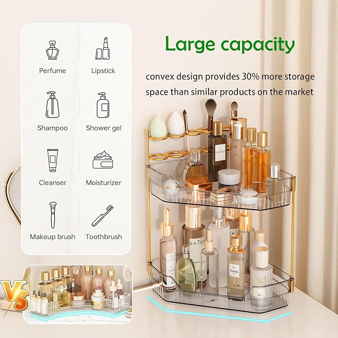 ZZWILLB Corner Bathroom Counter Organizer with Makeup Brush Holder & Toothbrush Holders, Makeup Organizer for Vanity Countertop, Acrylic Skincare Storage Shelf (Grey, 2-Tier)
