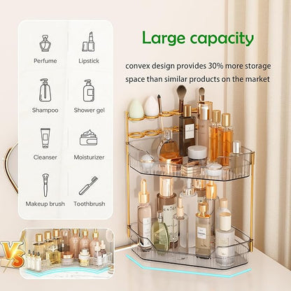 ZZWILLB Corner Bathroom Counter Organizer with Makeup Brush Holder & Toothbrush Holders, Makeup Organizer for Vanity Countertop, Acrylic Skincare Storage Shelf (Grey, 2-Tier)
