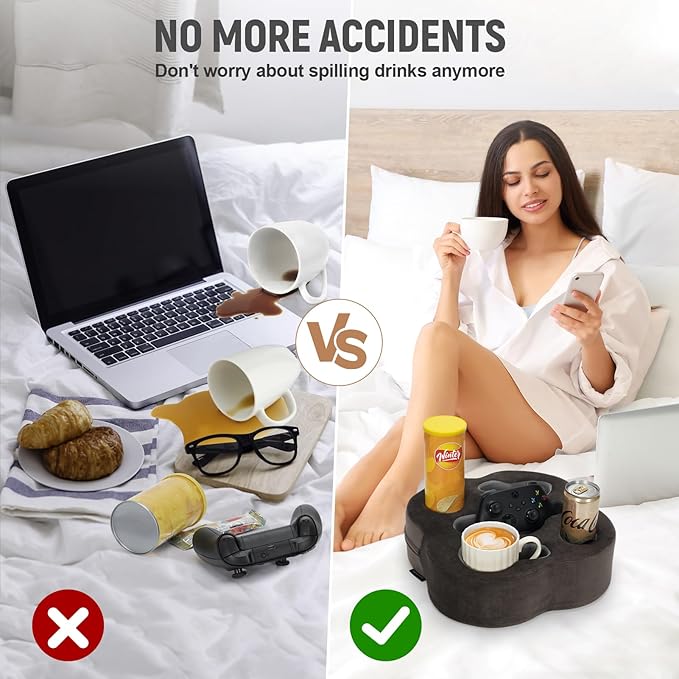 Couch Cup Holder Pillow, Sofa Organizer Caddy Bed Refreshment Tray for Drinks, Remotes, Phones, Snacks (Soot)