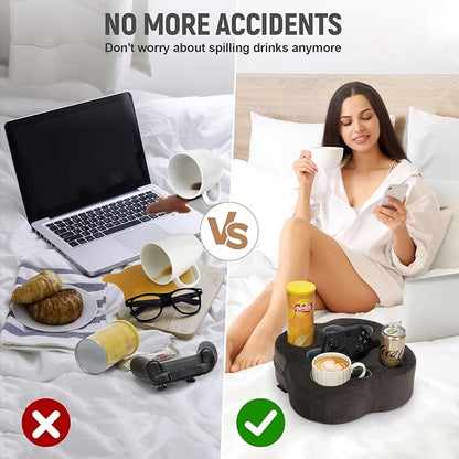 Couch Cup Holder Pillow, Sofa Organizer Caddy Bed Refreshment Tray for Drinks, Remotes, Phones, Snacks (Soot)