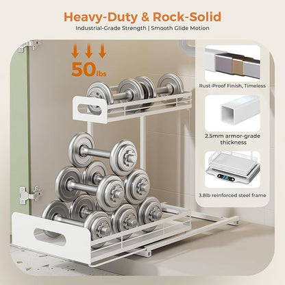 Delamu 2 Pack Metal Bathroom Organizers and Storage, 2 Tier Pull Out Under Sink Organizer for Kitchen Bathroom, Adjustable Under Sink Shelf for Multipurpose Cabinet Organizer, White
