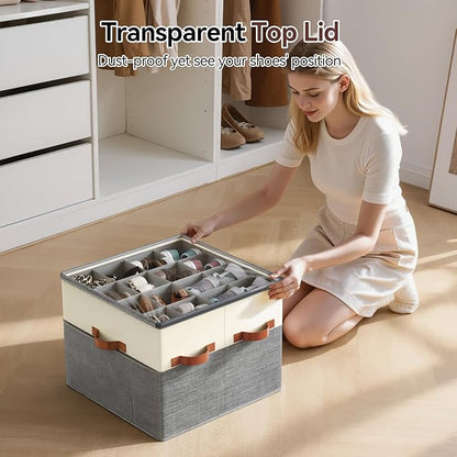 Lewondr Shoe Organizer for Closet, Foldable Shoe Storage Box with Adjustable Dividers and Clear Cover, Space Saving Shoes Holder with 4 Handles, Fits up to 32 Pairs, Beige+Gray