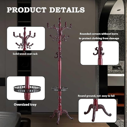 Coat Racks FreeStanding with 14 Hooks, Natural Wood Coat Rack with Solid Round Base, Adjustable Height Coat Racks, Easy Assembly for Hallway, Bedroom and Office (Reddish brown-Tray)