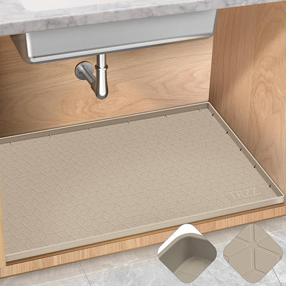 TRZZ Silicone Waterproof Under Sink Mat 34" x 19", Drip Tray and Cabinet Liner for Kitchen and Bathroom, Prevents Water Damage and Organizes Cabinets (Khaki)