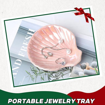 FatySuby Ceramic Jewelry Tray Dish, Ring Holder Dish, Decorative Trinket Tray Jewelry Dish for Rings, Earrings, Necklaces Watch Key, Pearl Shell Shaped Home Decor Gift for Women, Pink