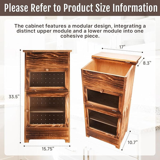 Large Potato and Onion Storage Bin - Wooden Stackable Bread Storage Box with Lid & Mesh Doors, Decorative Fruit and Vegetable Organization Cabinet for Kitchen, 15.75"W x 10.7"D x 33.5"H (Rustic Color)