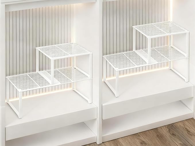 HGZBS Extendable Metal Wire Shelf Organizer - Adjustable 15-24.4in Length, Stackable Storage Rack for Kitchen/Pantry/Bathroom/Shoe Cabinet/Tool Closet (4, White)