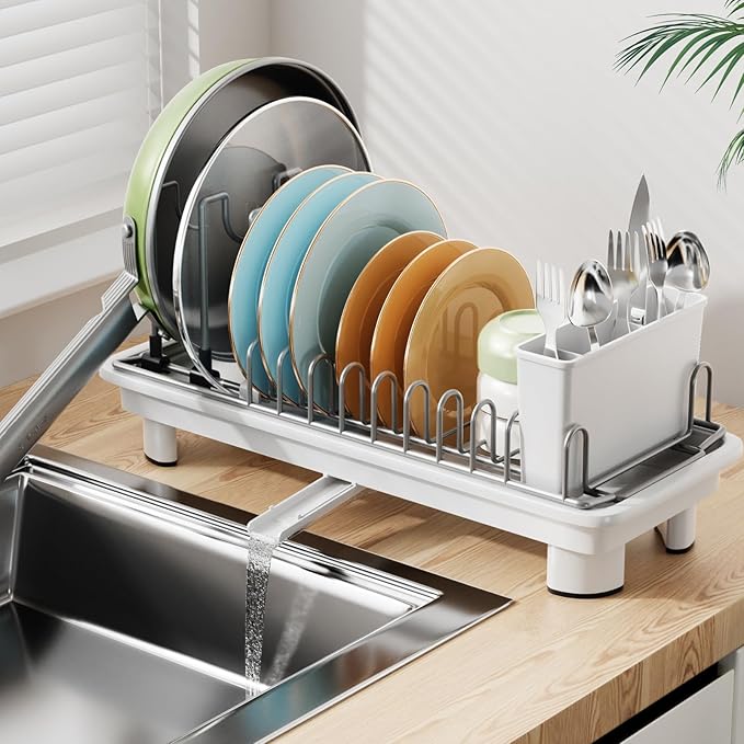 Laveshop Small Dish Drying Rack, Compact Dish Drainer for Kitchen Counter, with Adjustable Back Slots, Space-Saving for Small Kitchens, White