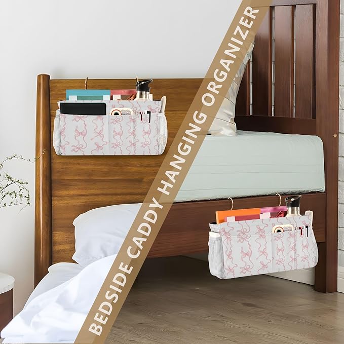 Jihqo Bedside Caddy Hanging Storage Bag Watercolor Bows Bedside Organizer Caddy for Bunk, Dorm Room, Hospital Beds - Place Magazines / Remotes / Keys