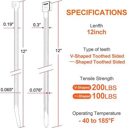12"─-shaped & V-shaped double-sided tooth zip ties white. ─: 100lbs, V: 200lbs tensile strength. Heavy-duty, self-locking, adjustable, durable nylon ties for indoor/outdoor use. (40V+60─)