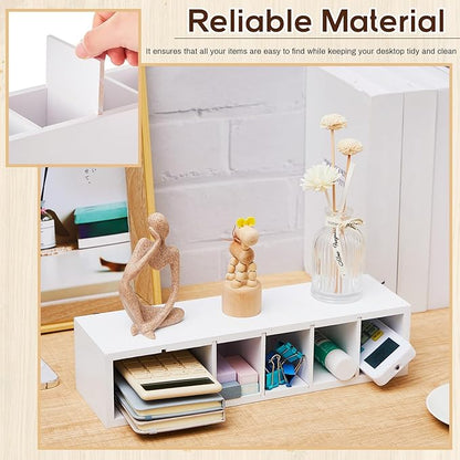 Jetec Wooden Pencil Pen Holder for Desk 6 Compartments Wood Office Desk Organizers for Countertop Adjustable Makeup Brush Organizer Silverware Caddy for Party, Home, Art Supplies(White)