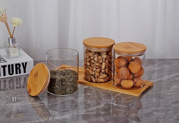 SANQIAHOME Glass Coffee Sugar Containers with Shelf, 3 x 27 OZ Coffee Bean Storage Station Organizer,Airtight Seal,Food Storage Jar for Kitchen