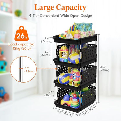 Lifewit Plastic Stackable Storage Baskets, 4 Tier Stacking Bins for Food and Clothes, Multifunctional Organizer for RV, Kitchen, Playroom, Pantry, Black, 35 x 30 x 72 cm/14 x 12 x 28 inch, 1 Pack