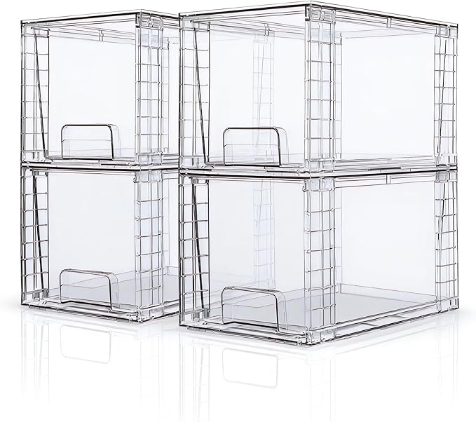 Medium Clear Stackable Storage Drawers (4 Pack), High-strength Acrylic Organizer Bins with Handles, Plastic Drawers for Fridge Bathroom Cabinet Closet Undersink Pantry Kitchen Makeup Storage