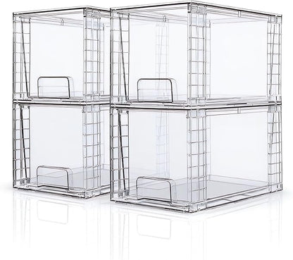 Medium Clear Stackable Storage Drawers (4 Pack), High-strength Acrylic Organizer Bins with Handles, Plastic Drawers for Fridge Bathroom Cabinet Closet Undersink Pantry Kitchen Makeup Storage