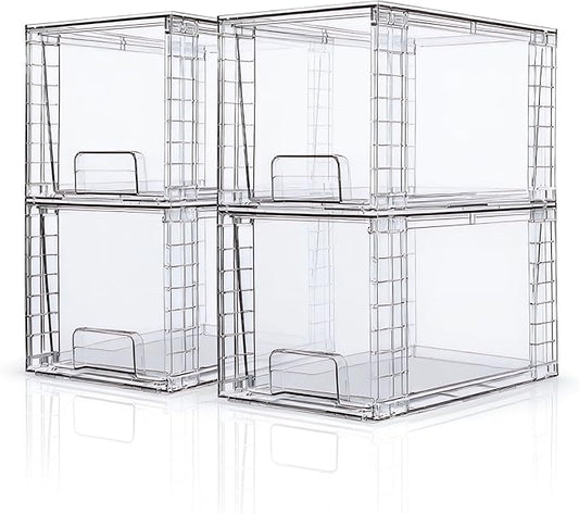 Medium Clear Stackable Storage Drawers (4 Pack), High-strength Acrylic Organizer Bins with Handles, Plastic Drawers for Fridge Bathroom Cabinet Closet Undersink Pantry Kitchen Makeup Storage