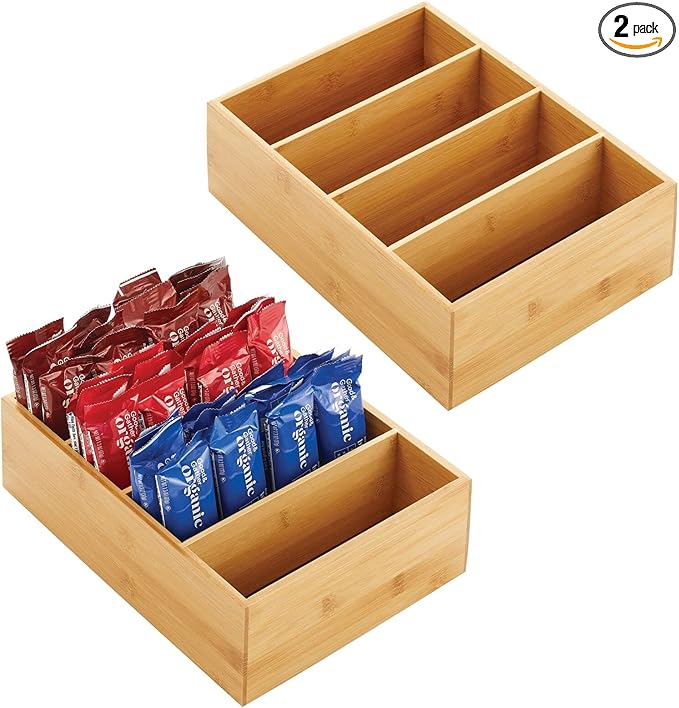 mDesign Bamboo Wood Food Storage Organizer Box, 4 Section, Divided Compartment Bin; Container for Kitchen, Pantry; Holder for Spices, Snacks, Tea, Coffee Cup - Echo Collection - 2 Pack - Natural