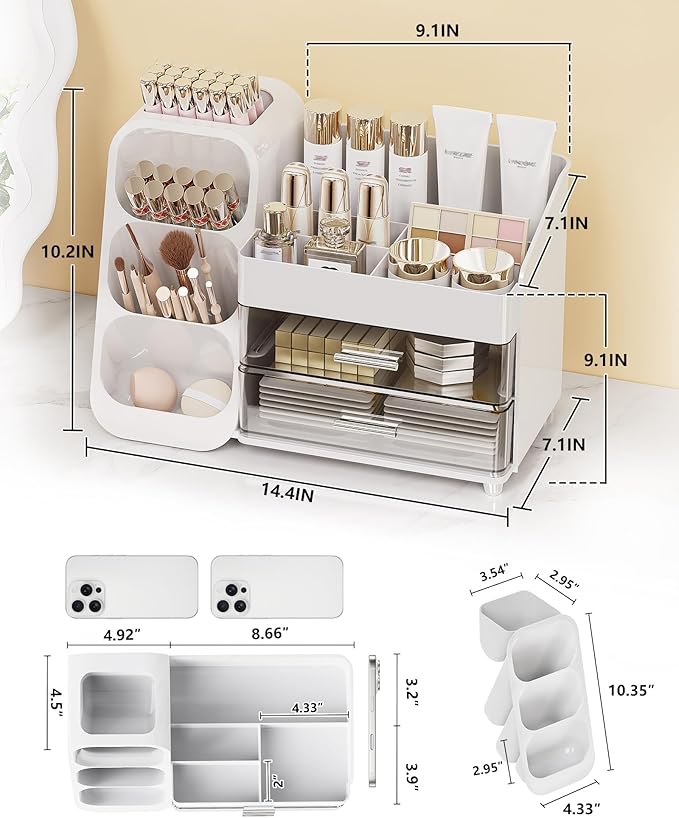 Anylady Makeup Organizer with Drawers, Skincare Organizer (Large Size Thick), Storage Box Cosmetic Display Cases, Make up Organizers for Vanity, Dresser, Desk, Kitchen, Countertop (White)